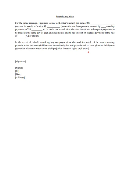 Image of a promissory note template featuring blank fields for lender's name, amount, payment terms, interest rate, and signature.