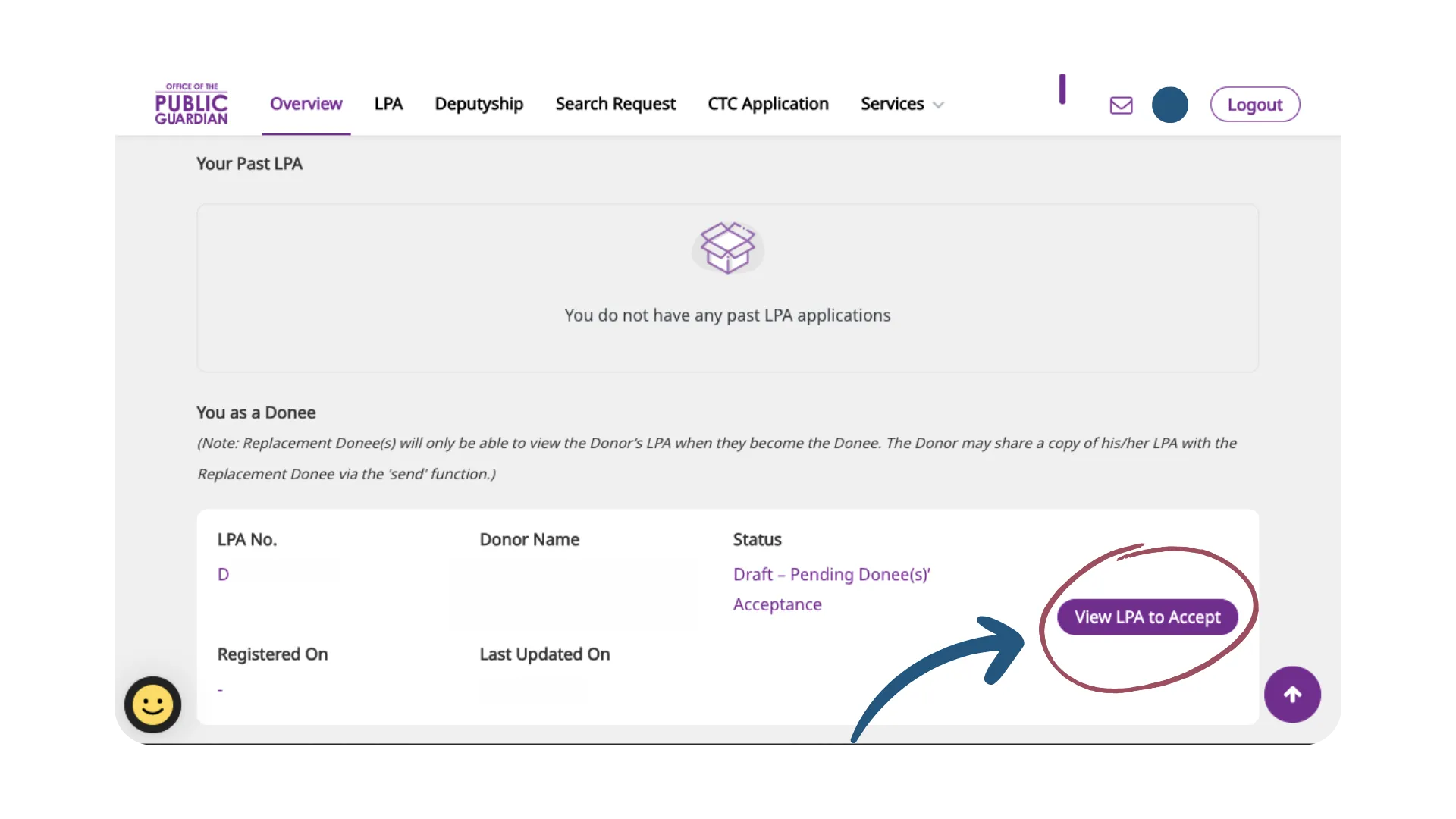 Your Donee should login with their SingPass and “View LPA to accept